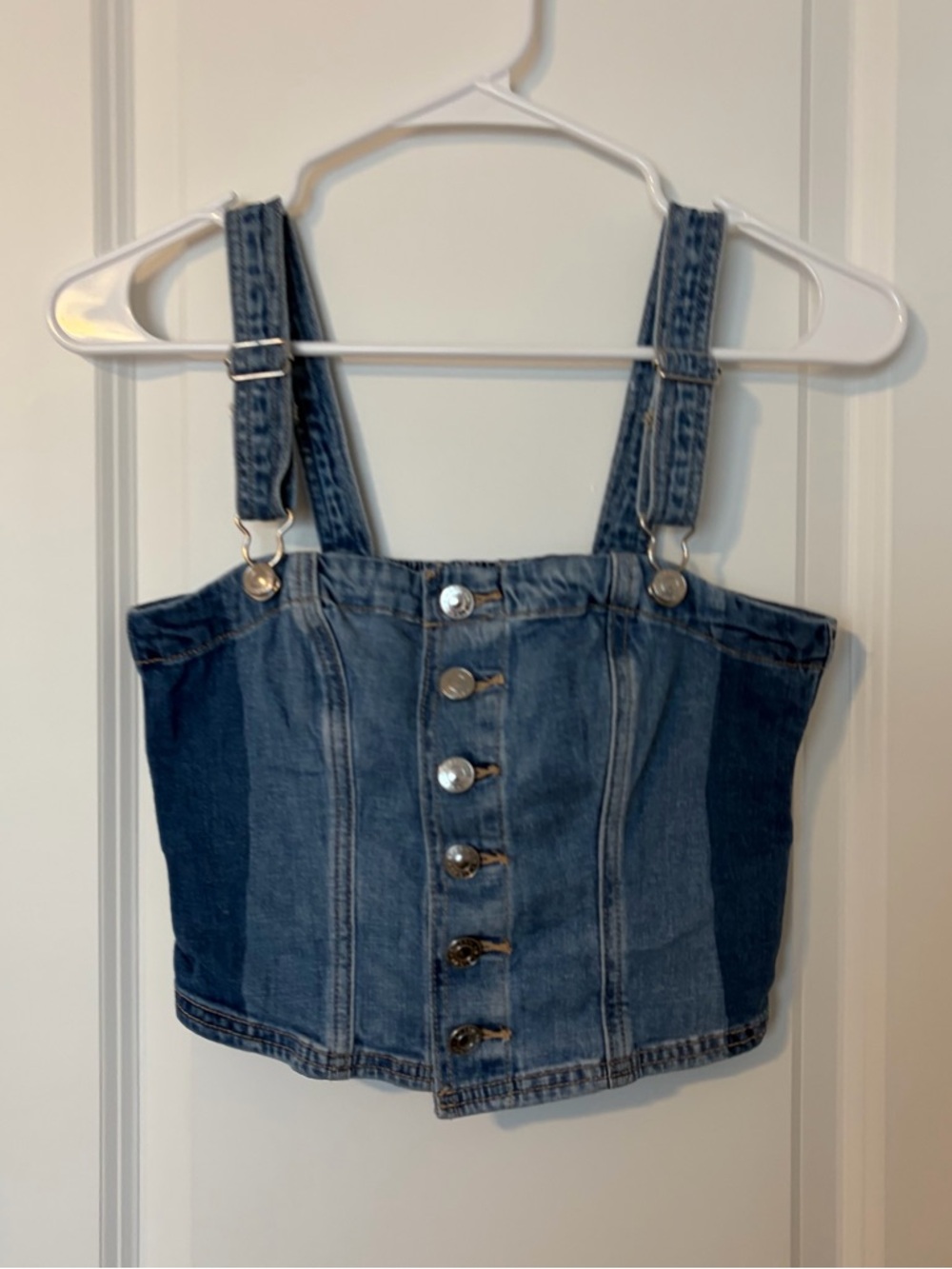 American Eagle Denim Button-Front Corset Crop Top with Straps
Size Small